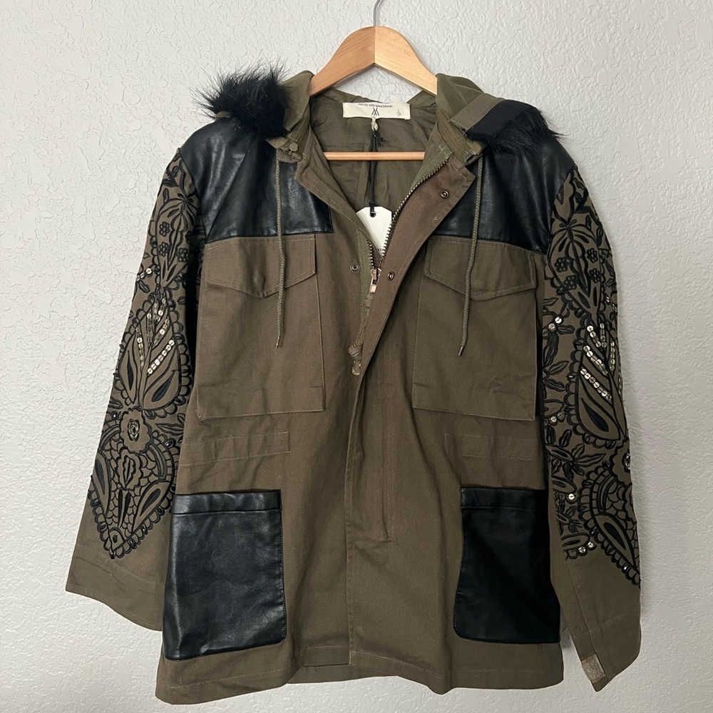 Miss Me Vintage Olive Green and Black embroidered Jacket size M discolored